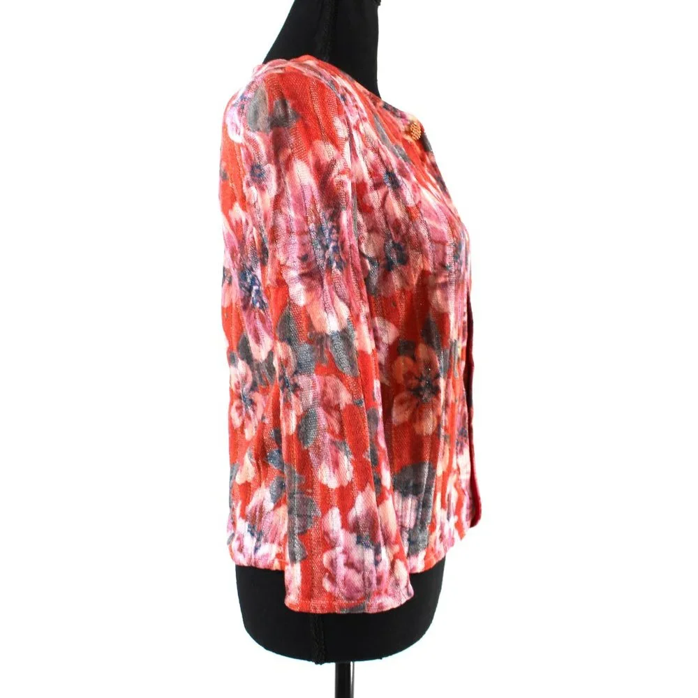 St. John Ribbed Red Abstract Floral Pattern Rhinestone Button Sweater Cardigan 4 - Picture 2 of 7